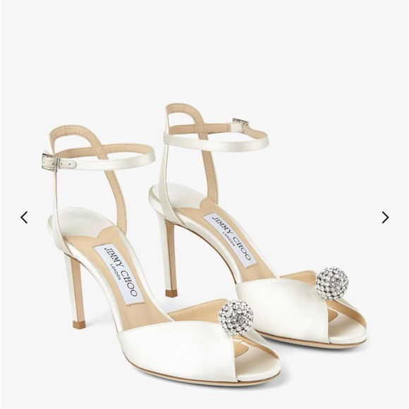 Jimmy Choo Shoes - Jimmy Choo Sacora 85 
Ivory Satin Sandals with Crystal-Embellished Sphere
